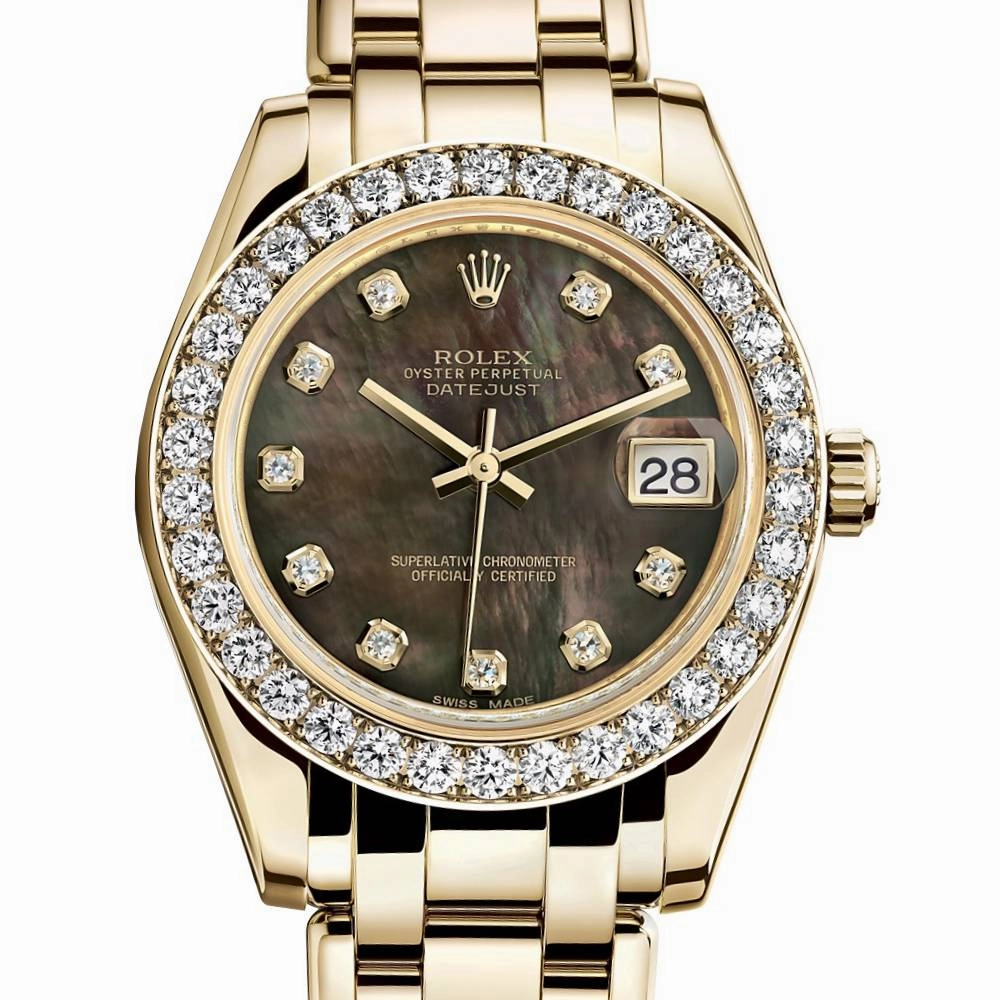 Rolex Pearlmaster 34mm - Ref: 81298-0013 - Black Mother of Pearl Diamond Dial & Diamond Bezel, 18K Yellow Gold Bracelet Women's Watch