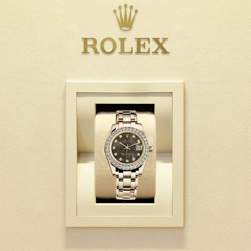 Rolex Pearlmaster 34mm - Ref: 81298-0013 - Black Mother of Pearl Diamond Dial & Diamond Bezel, 18K Yellow Gold Bracelet Women's Watch