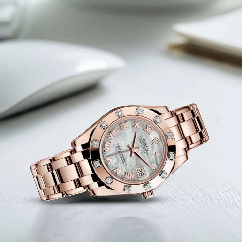 Rolex Pearlmaster 34mm - Ref: 81315-0002 - White mother of Pearl Roman Diamond Dial & Diamond Bezel, 18K Rose Gold Bracelet Women's Watch