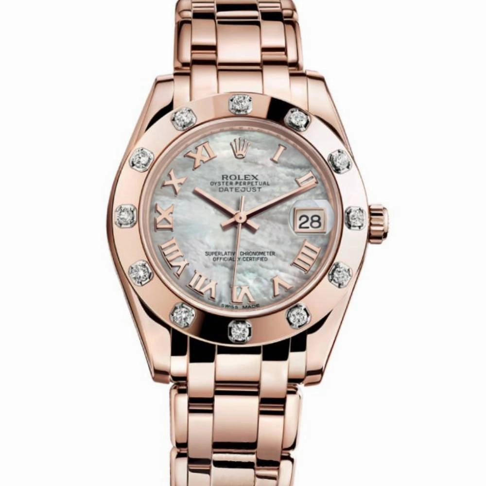Rolex Pearlmaster 34mm - Ref: 81315-0002 - White mother of Pearl Roman Diamond Dial & Diamond Bezel, 18K Rose Gold Bracelet Women's Watch