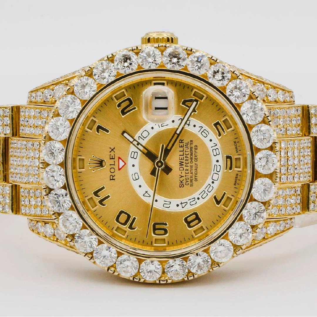 Rolex Sky-Dweller 42mm - Ref: 326938 - Champagne Dial & Custom Diamond Bezel, 18K Yellow Gold Oyster Custom Diamond Bracelet Watch