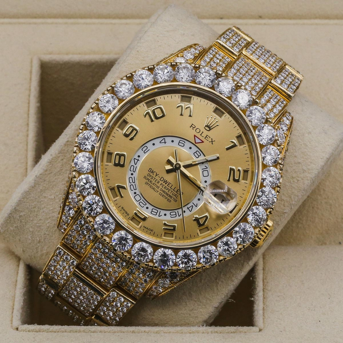 Rolex Sky-Dweller 42mm - Ref: 326938 - Champagne Dial & Custom Diamond Bezel, 18K Yellow Gold Oyster Custom Diamond Bracelet Watch