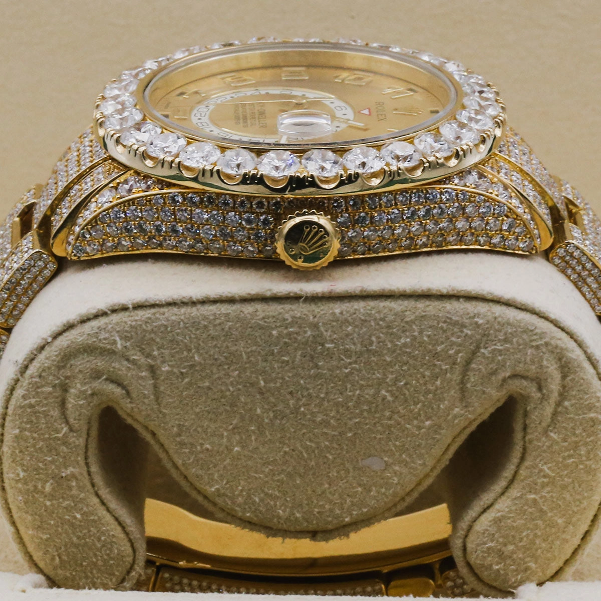 Rolex Sky-Dweller 42mm - Ref: 326938 - Champagne Dial & Custom Diamond Bezel, 18K Yellow Gold Oyster Custom Diamond Bracelet Watch