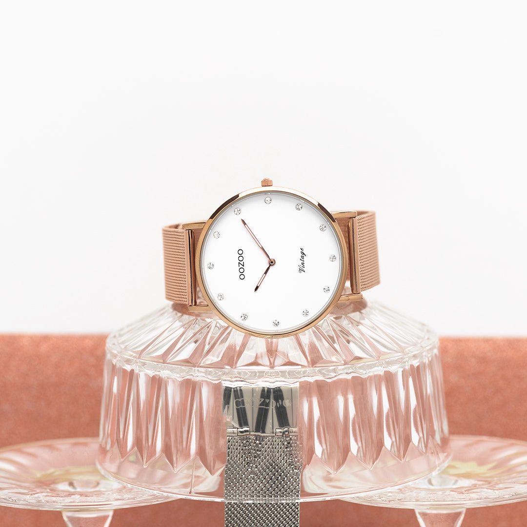 Rose gold coloured OOZOO watch with metal mesh bracelet - C20238