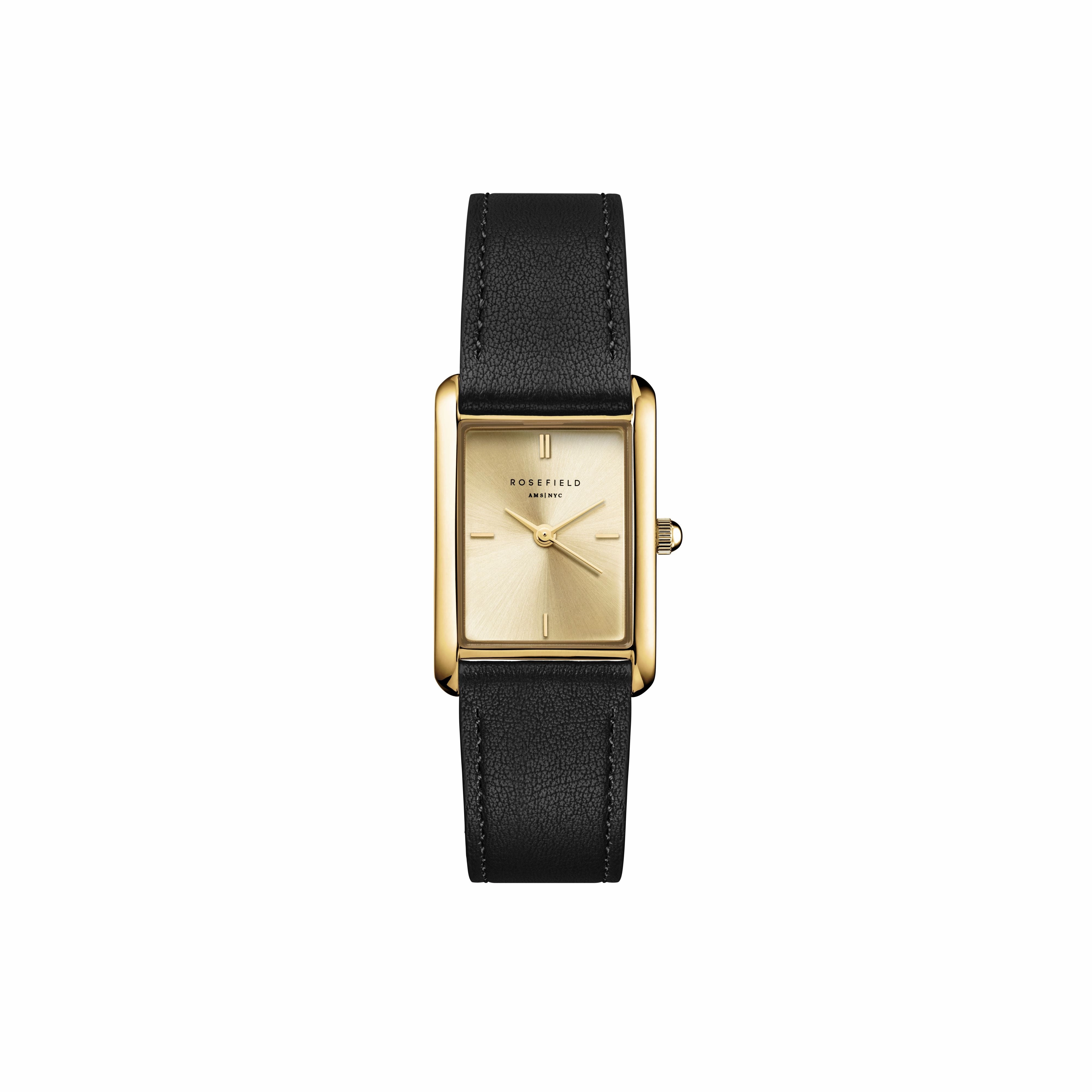 Rosefield Heirloom Champagne  Gold Black Leather Watch HCBLG-H07