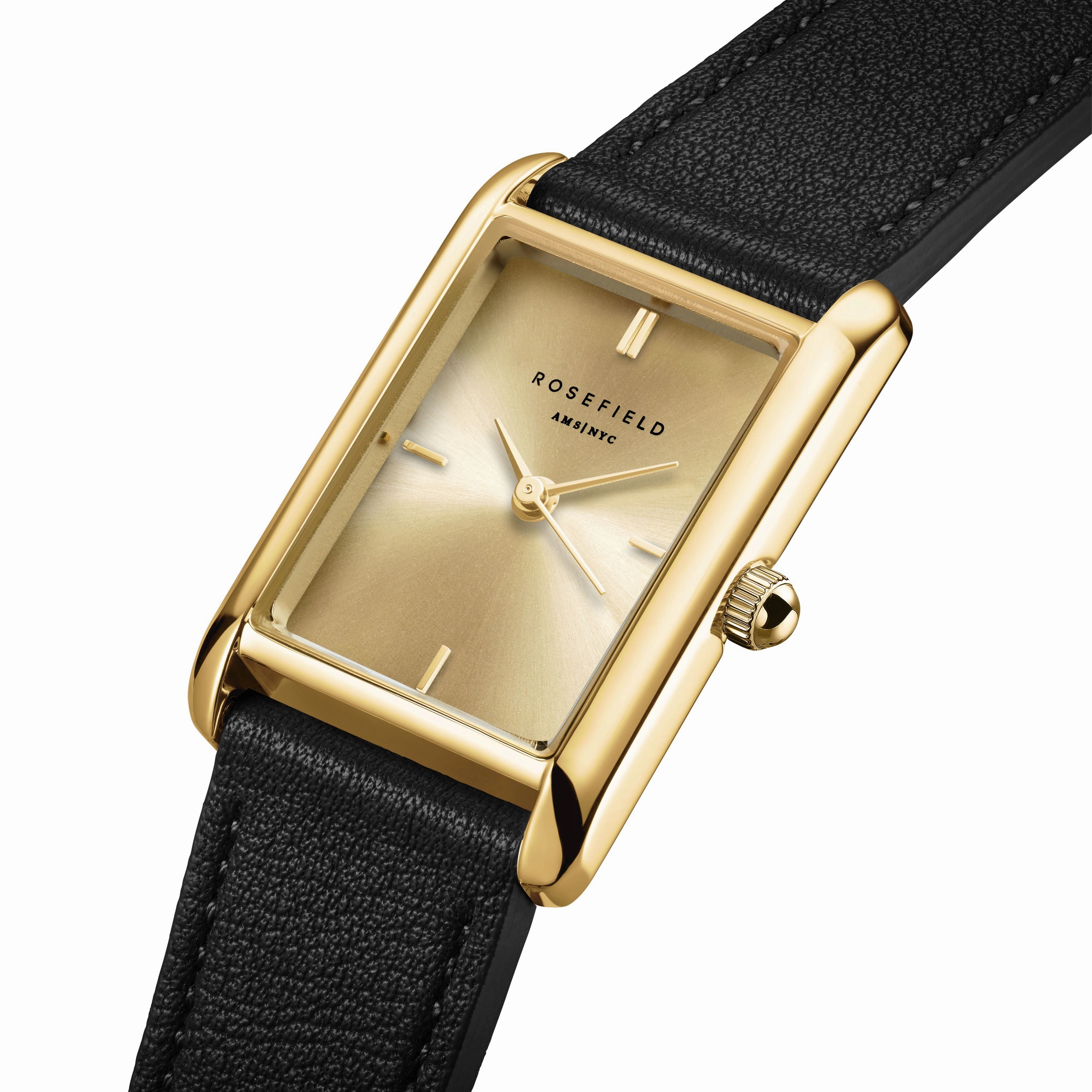 Rosefield Heirloom Champagne  Gold Black Leather Watch HCBLG-H07