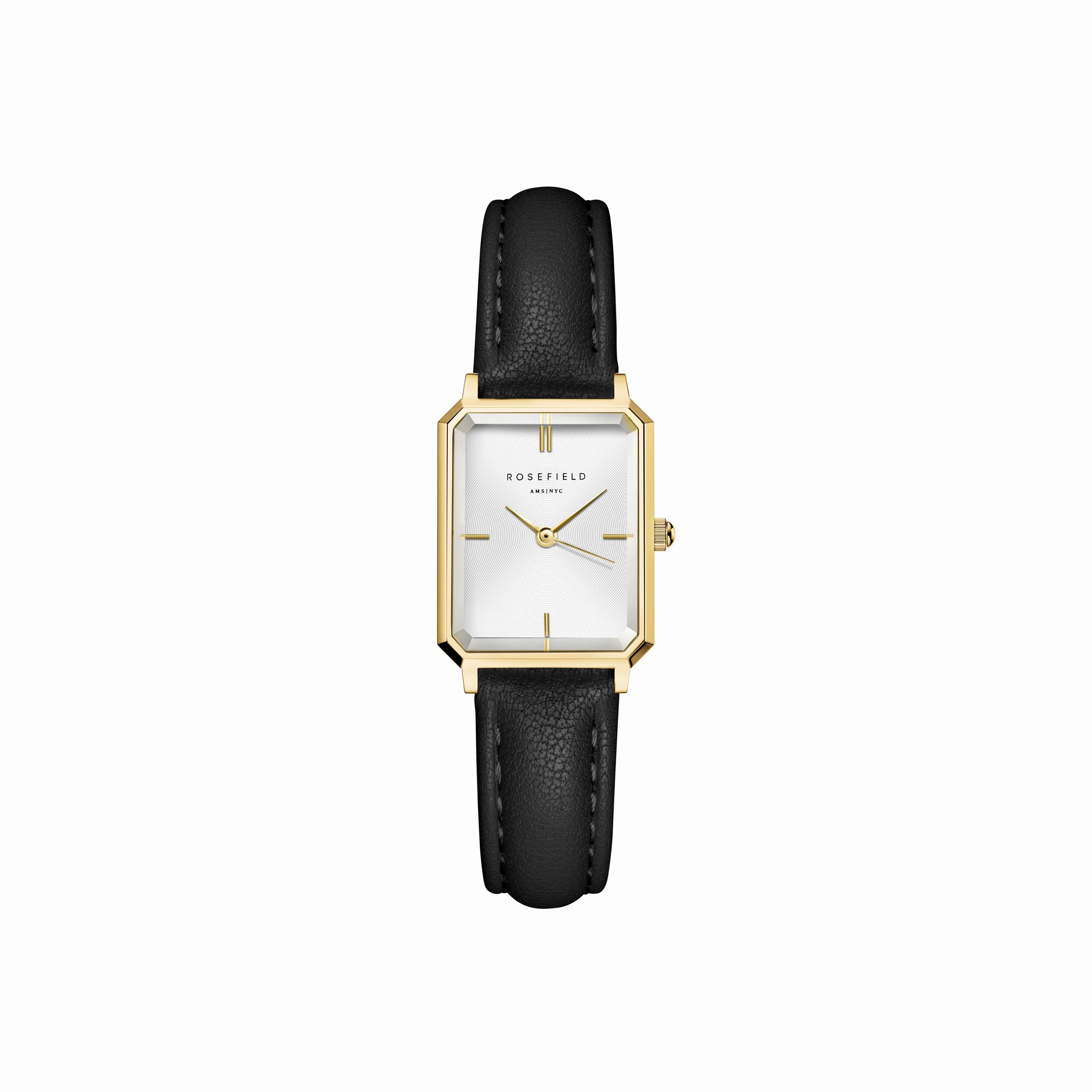 Rosefield  Octagon XS White Gold  Black Leather Watch OWBLG-O84