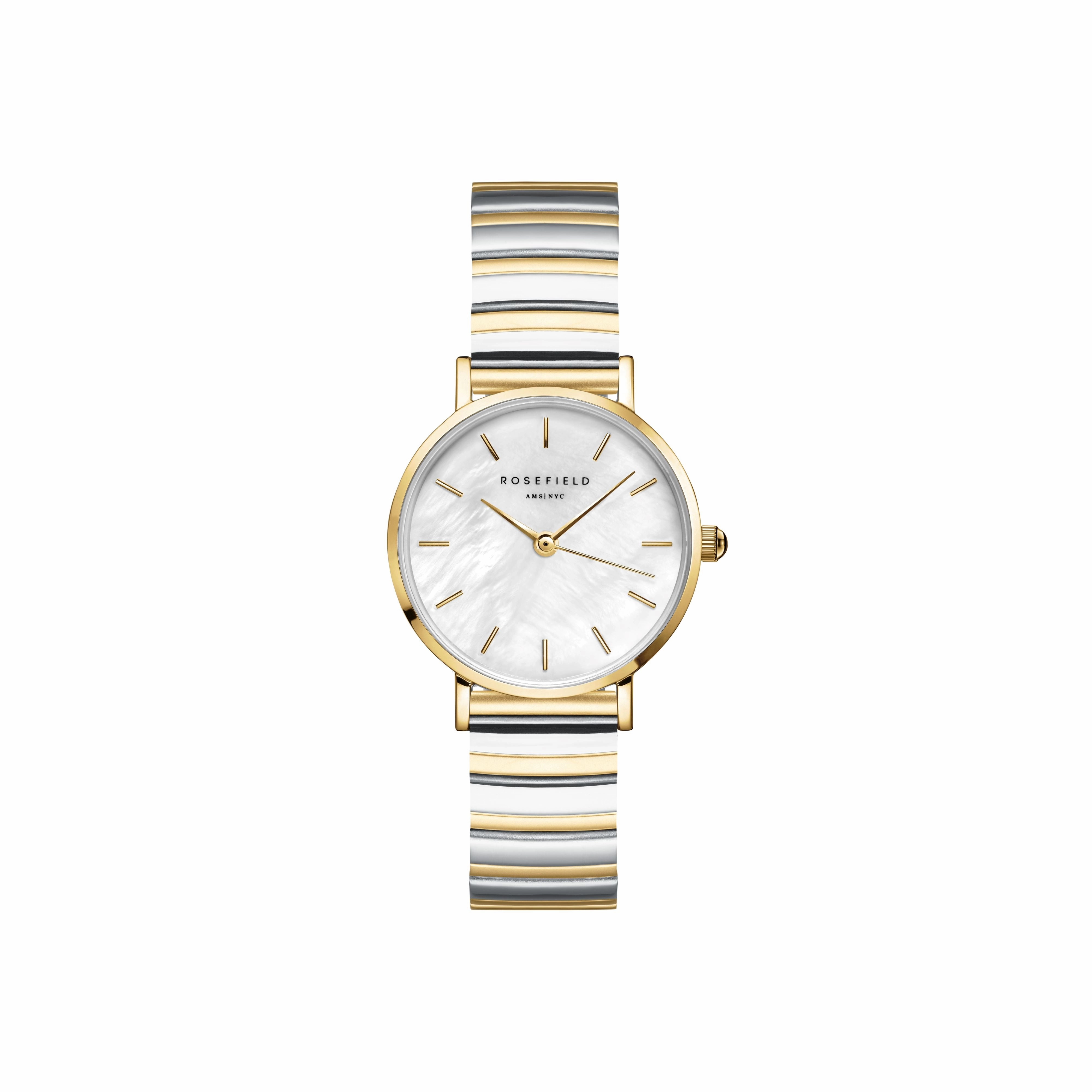 Rosefield  Small Edit White MOP Half-Moon Steel Duotone Watch SEWDSG-SE03