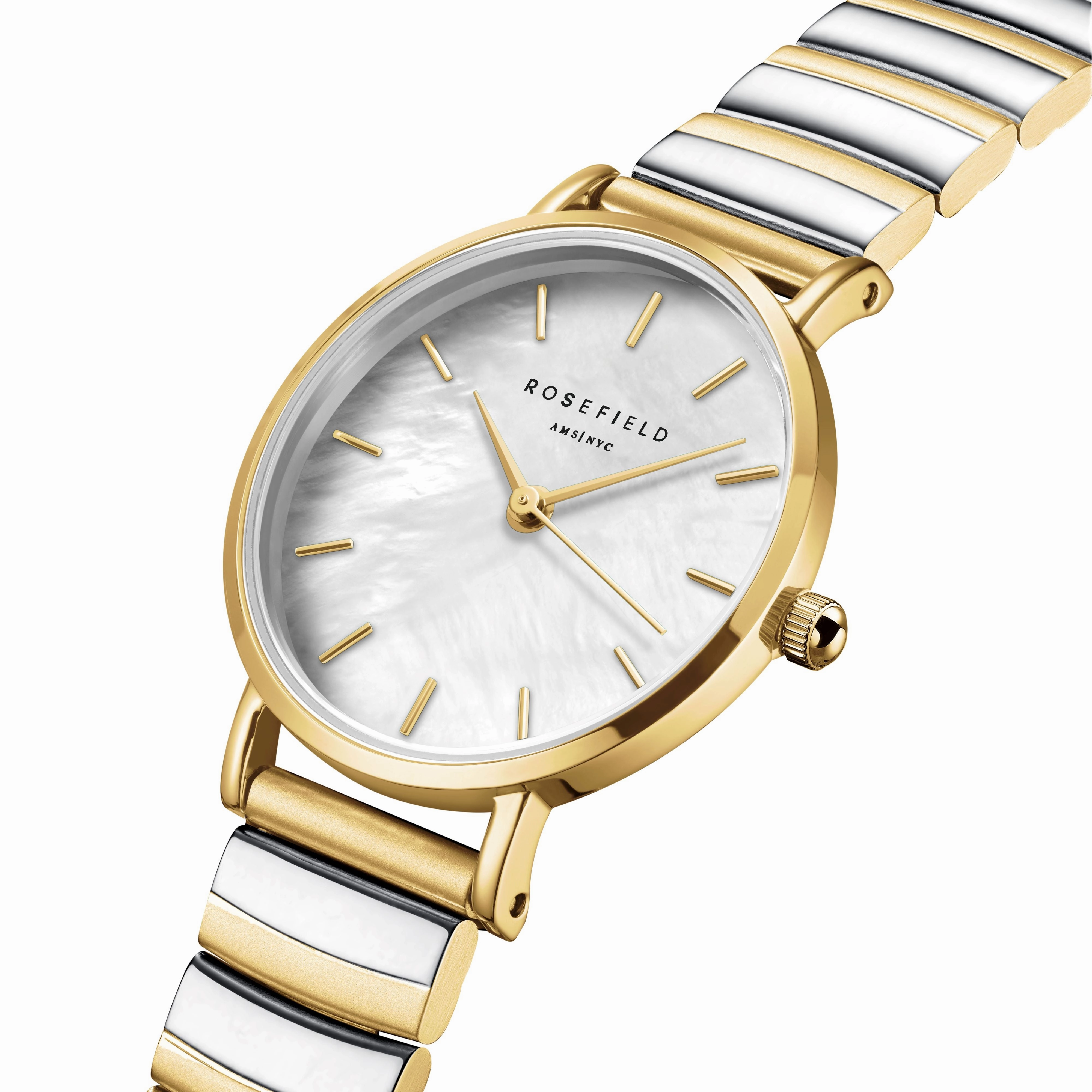 Rosefield  Small Edit White MOP Half-Moon Steel Duotone Watch SEWDSG-SE03