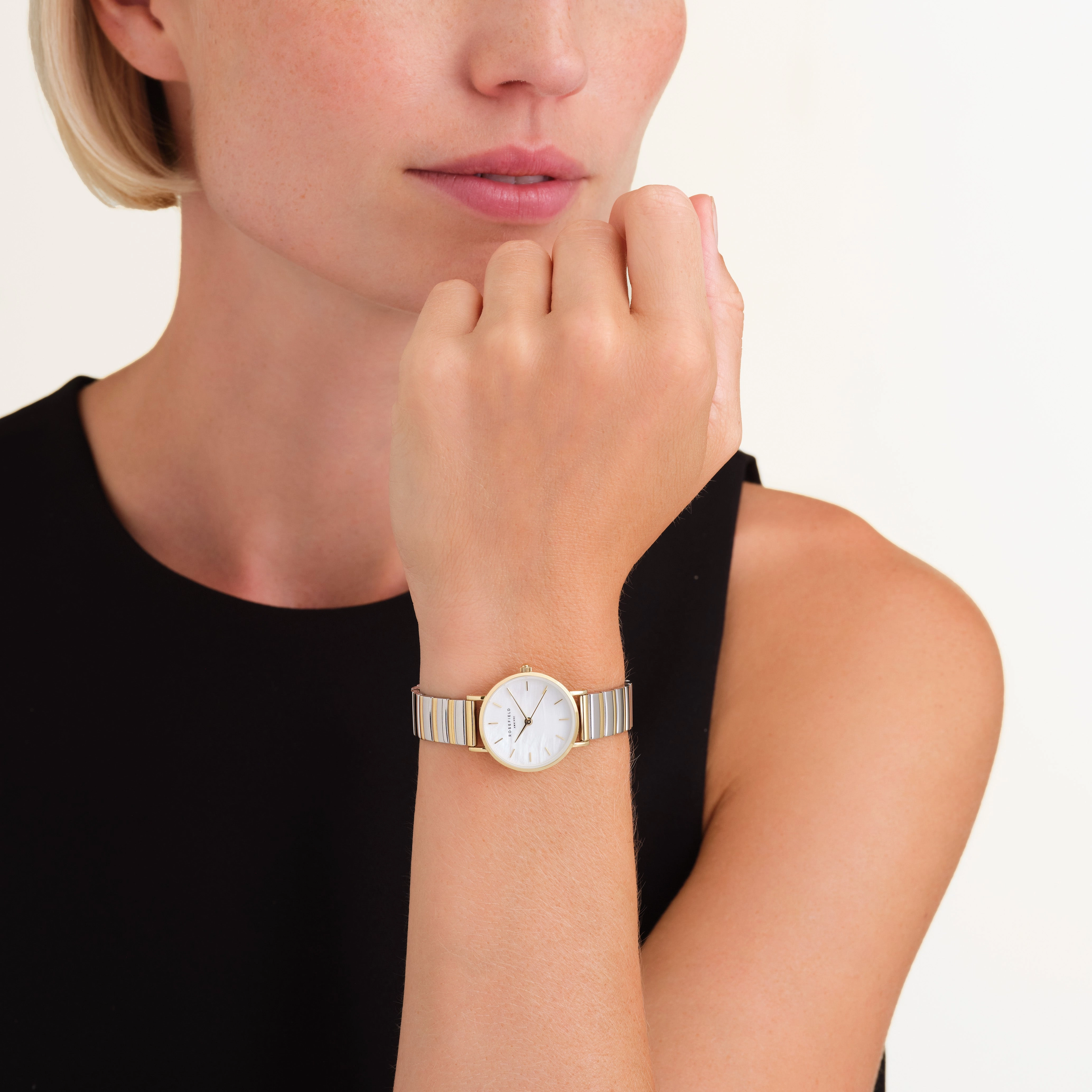 Rosefield  Small Edit White MOP Half-Moon Steel Duotone Watch SEWDSG-SE03