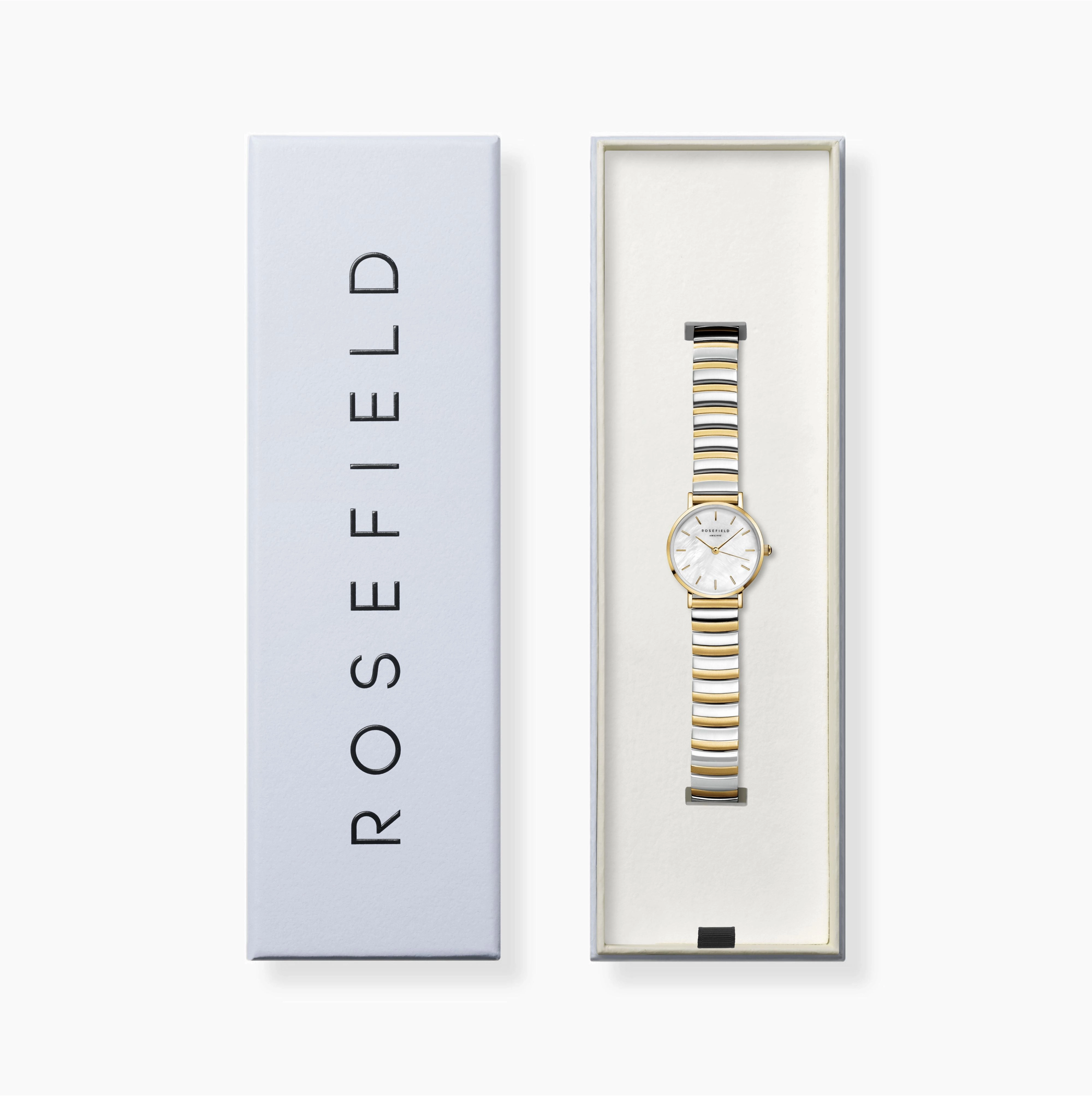 Rosefield  Small Edit White MOP Half-Moon Steel Duotone Watch SEWDSG-SE03