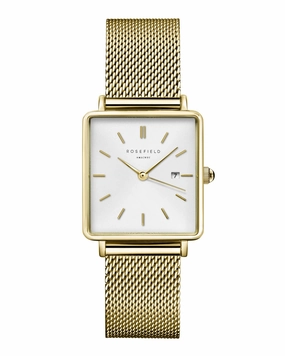 Rosefield The Boxy White Sunray Mesh Gold Watch QWSG-Q03