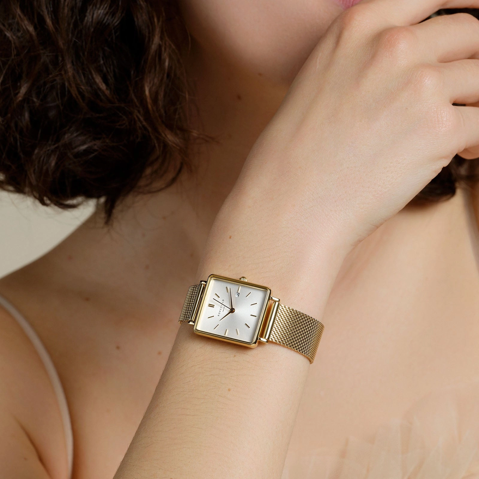 Rosefield The Boxy White Sunray Mesh Gold Watch QWSG-Q03