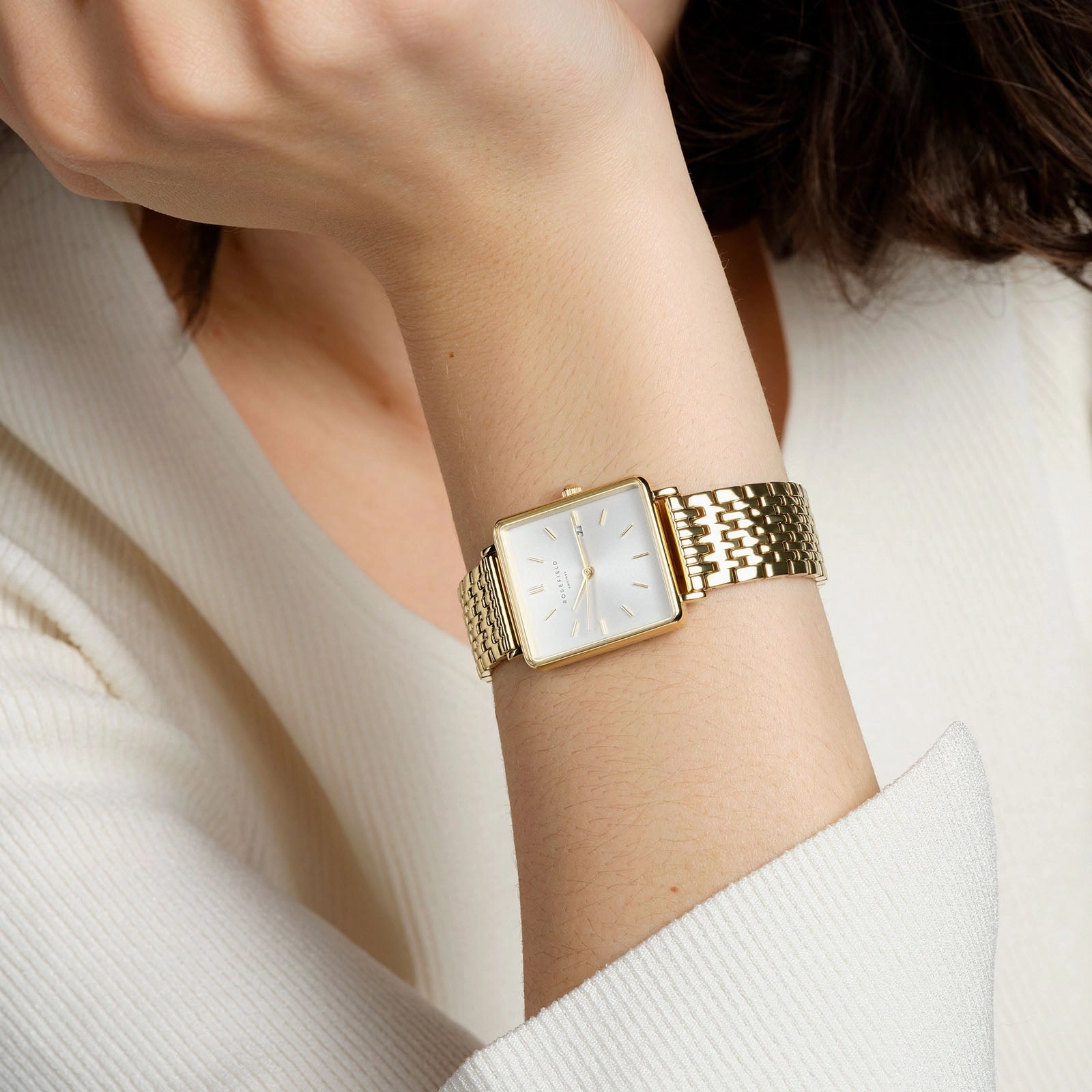 Rosefield The Boxy White Sunray Steel Gold Watch QWSG-Q09
