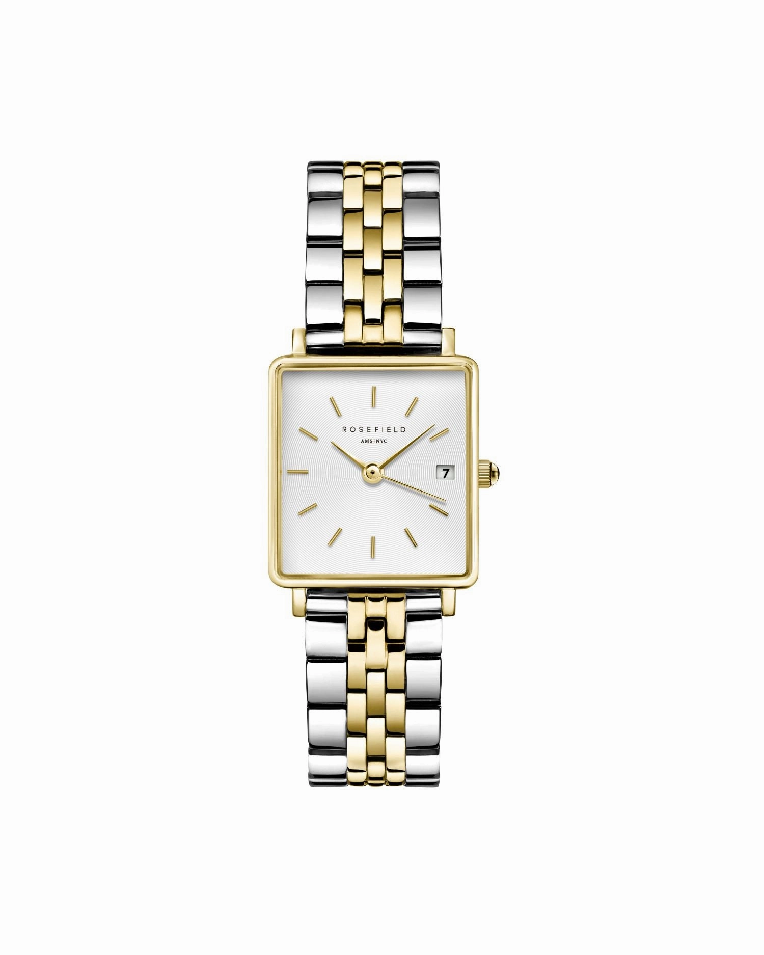 Rosefield The Boxy XS White Sunray Steel Silver Gold Duo Watch QMWSSG-Q023