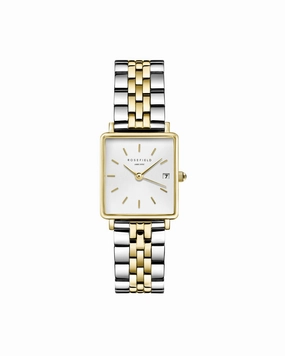 Rosefield The Boxy XS White Sunray Steel Silver Gold Duo Watch QMWSSG-Q023