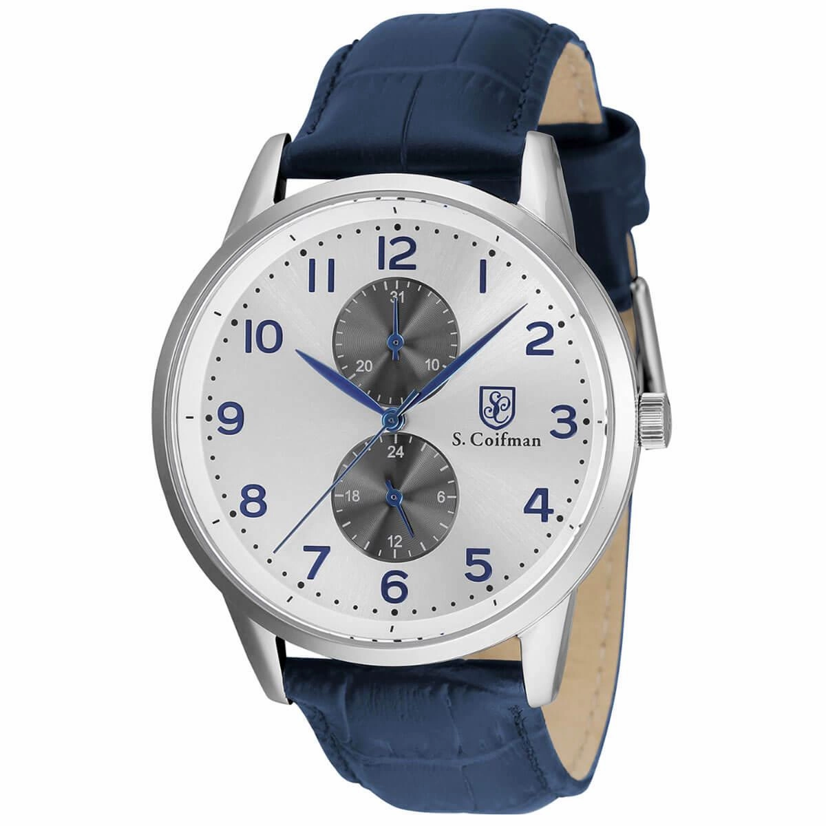 S. Coifman Men's Quartz Watch - Grey and Silver Tone Dial Blue Leather Strap | SC0488
