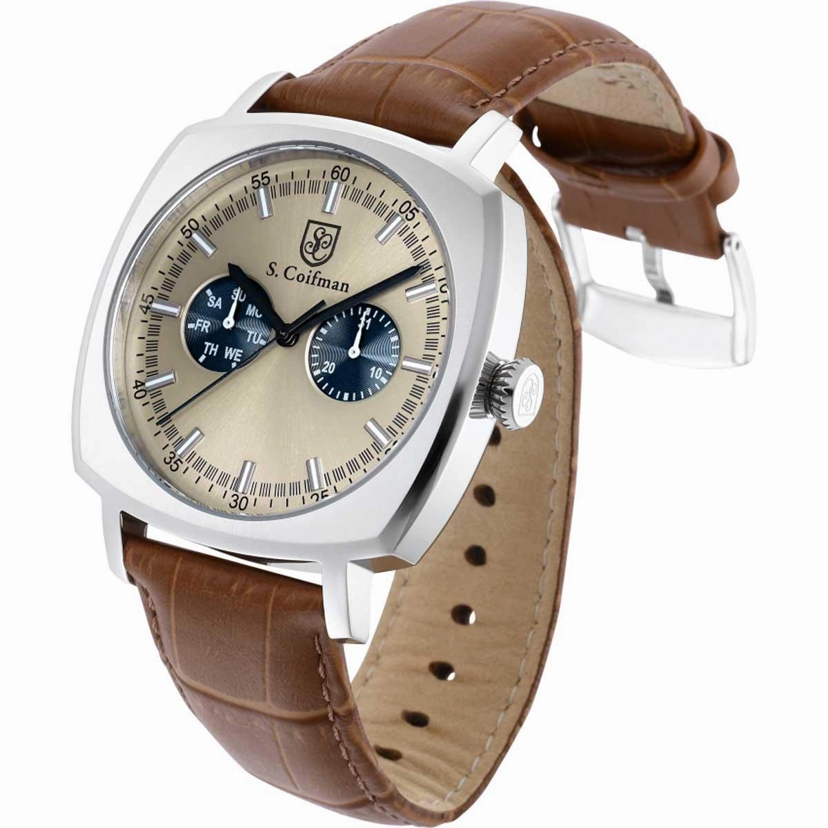 S. Coifman Men's Watch - Quartz Date Beige and Dark Blue Dial Leather Strap | SC0522