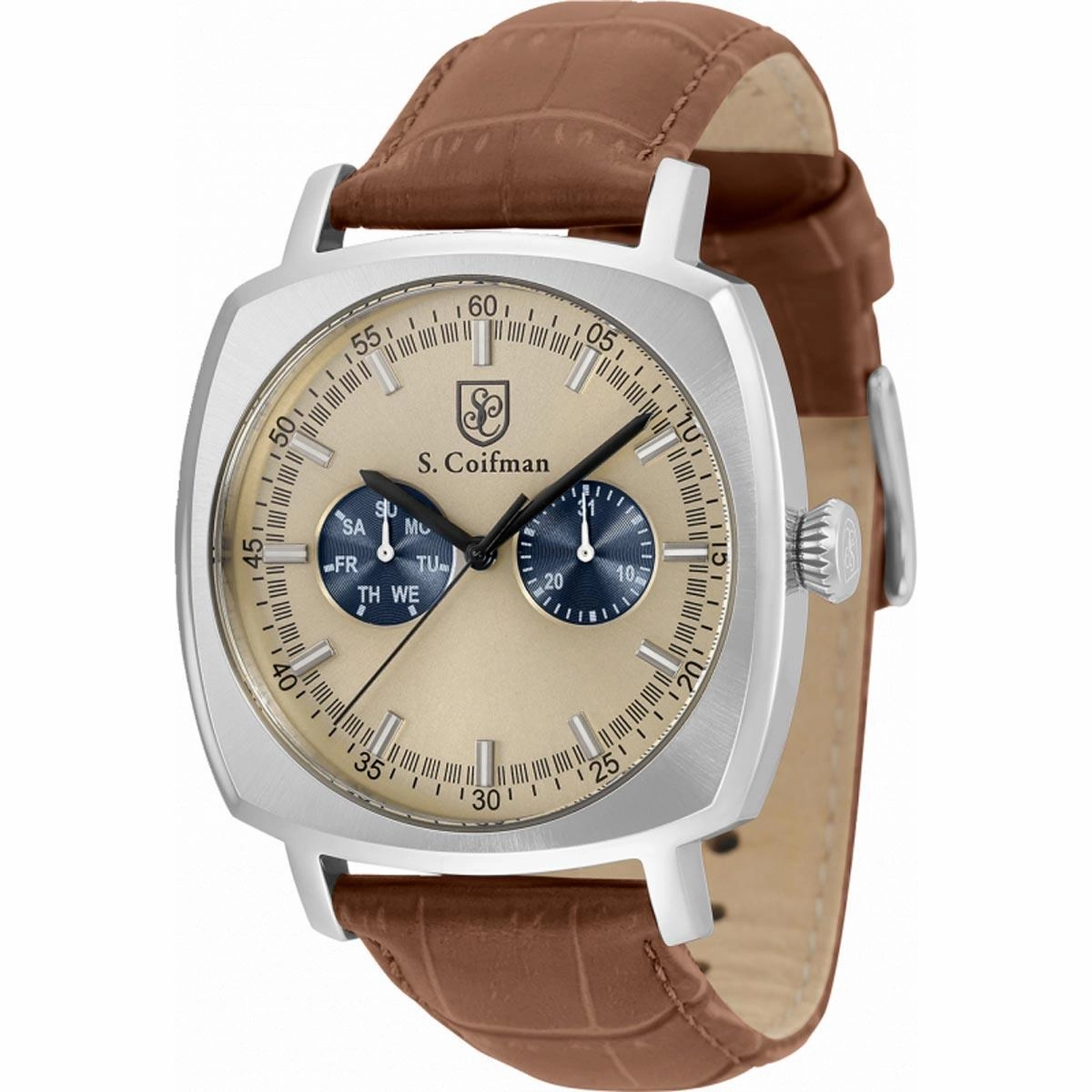 S. Coifman Men's Watch - Quartz Date Beige and Dark Blue Dial Leather Strap | SC0522