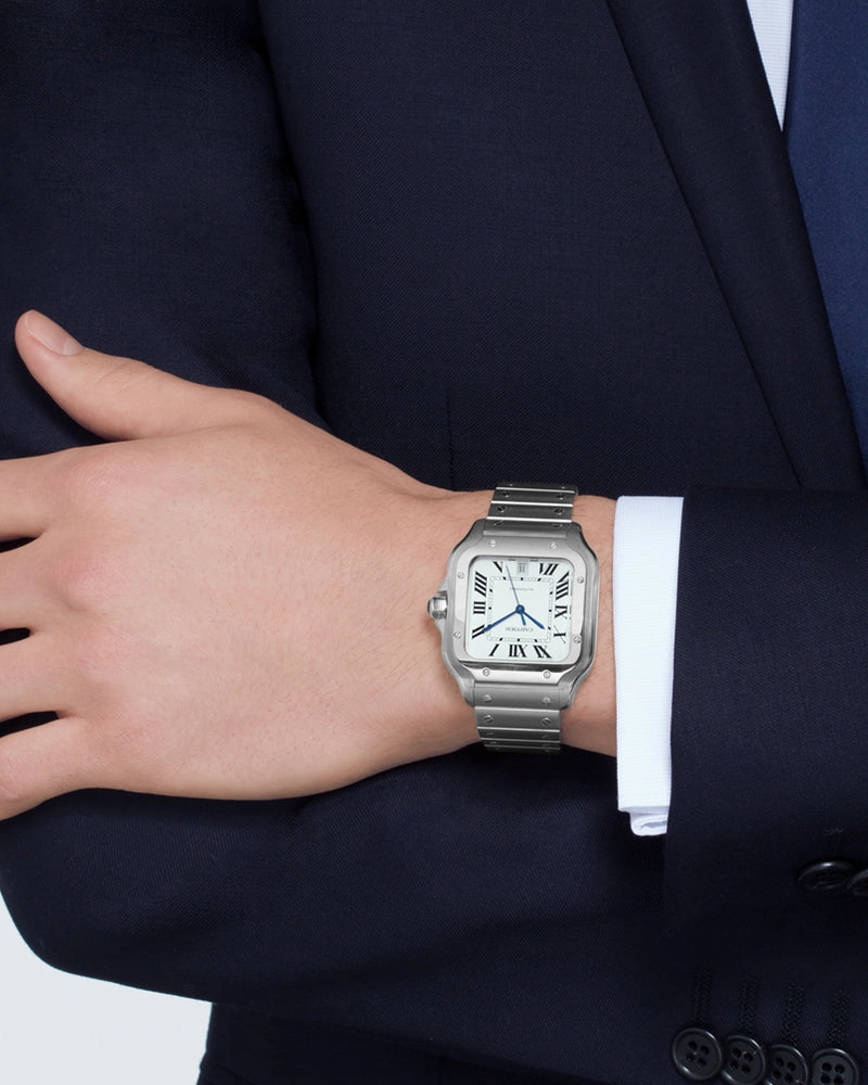 SANTOS DE CARTIER, LARGE, AUTOMATIC, STEEL, INTERCHANGEABLE METAL AND LEATHER BRACELETS