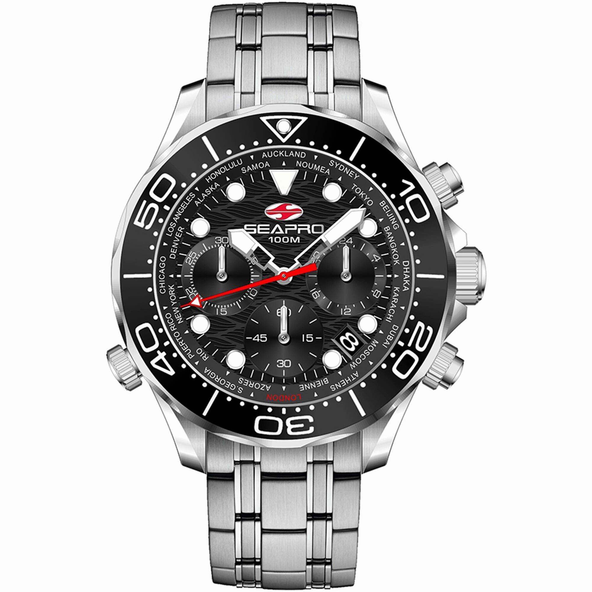 Seapro Men's Watch - Mondial Timer Black Dial Stainless Steel Bracelet | SP0150