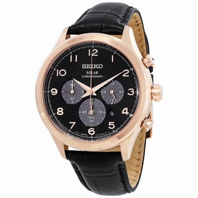 Seiko Men's Chronograph Watch - Core Solar Black Dial Leather Strap | SSC566