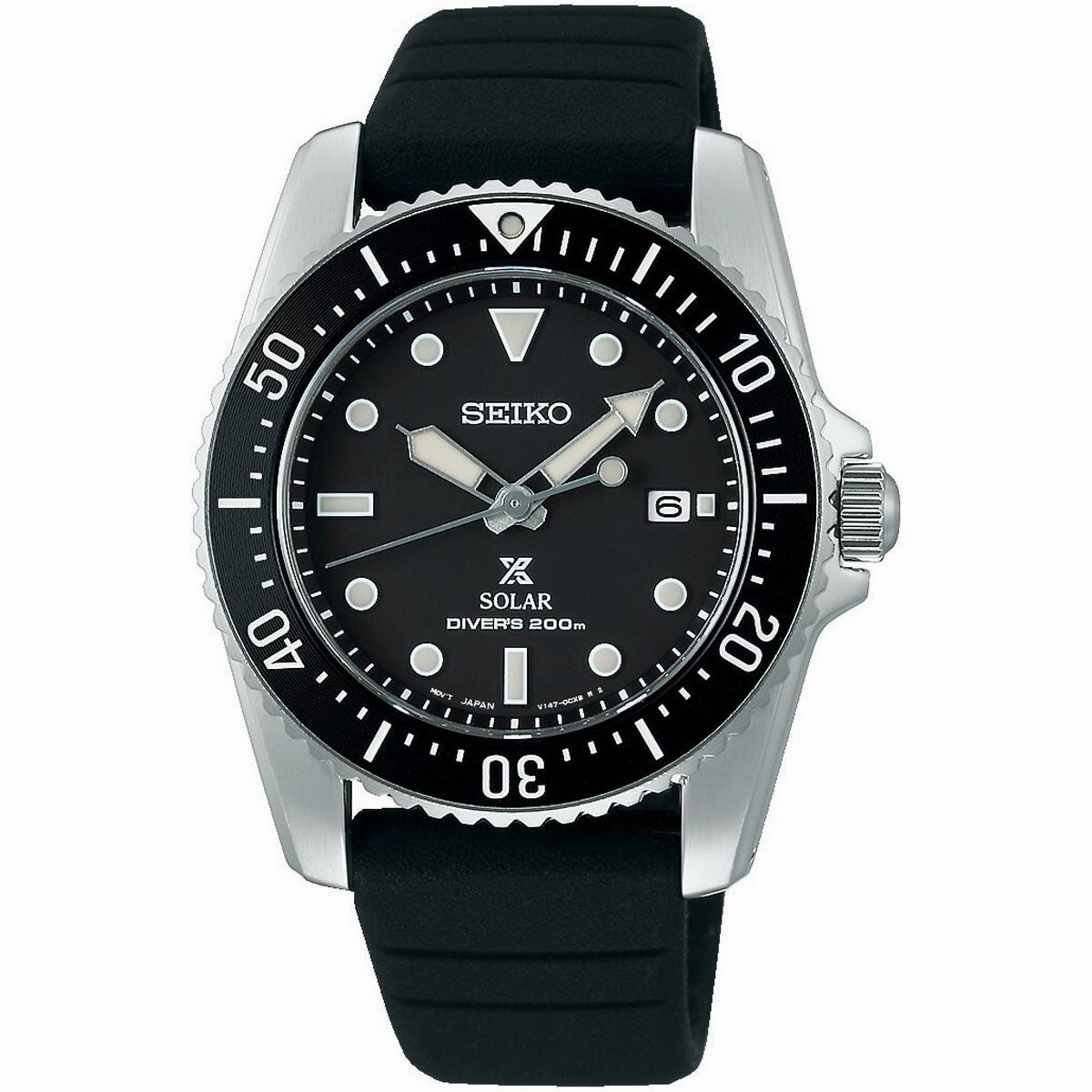 Seiko Men's Watch - Prospex Solar Black Dial Silicone Strap Rotating Bezel | SNE573P1