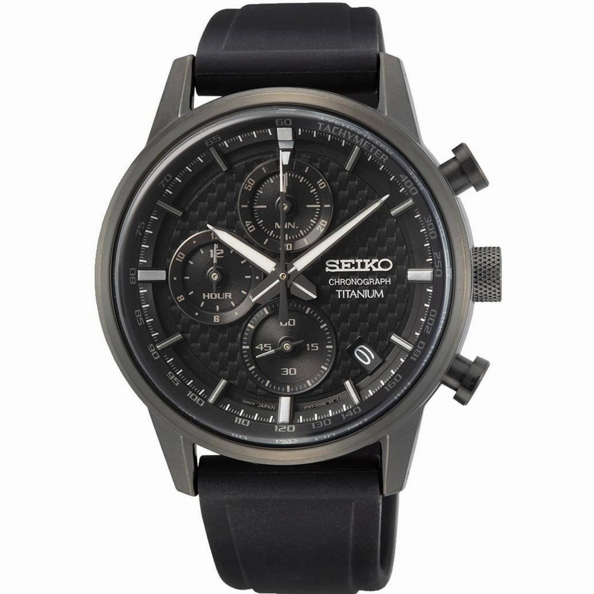 Seiko Men's Watch - Quartz Chronograph Black Dial Silicone Strap Titanium | SSB393P1