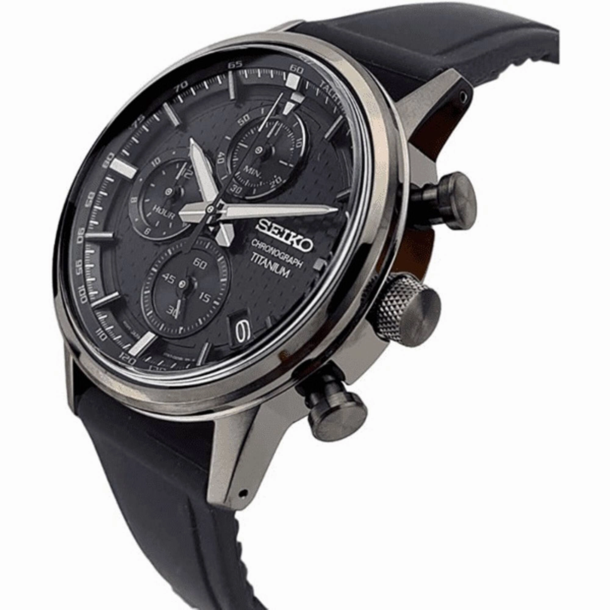 Seiko Men's Watch - Quartz Chronograph Black Dial Silicone Strap Titanium | SSB393P1