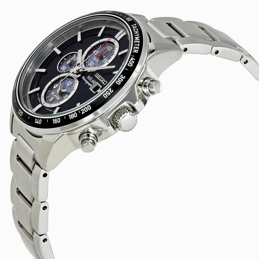 Seiko Solar Chronograph Black Dial Stainless Steel Mens Watch
