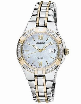 Seiko Solar Diamond Ladies Watch - MOP Dial - Stainless Steel with Gold-Tone
