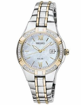 Seiko Solar Diamond Ladies Watch - MOP Dial - Stainless Steel with Gold-Tone