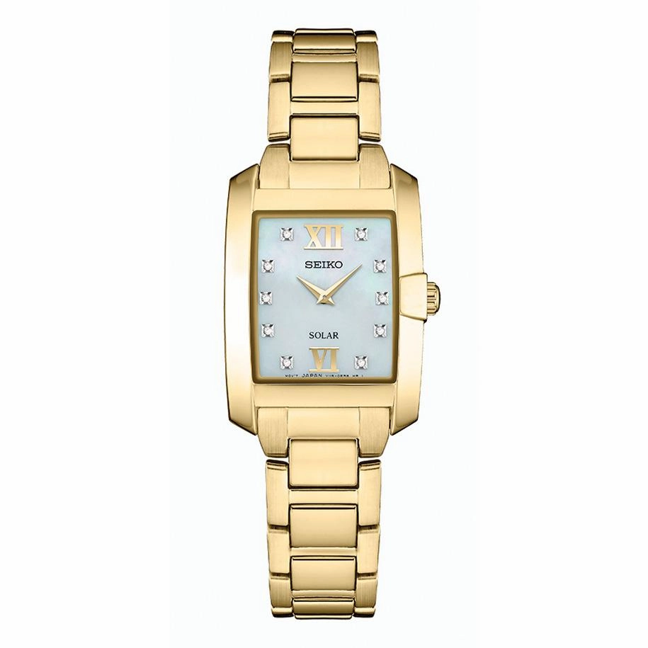 Seiko Solar Ladies Square Diamond Watch - Gold-tone -  Mother of Pearl Dial