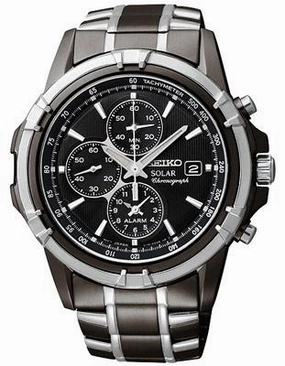 Seiko Solar Mens Alarm Chronograph - Black Dial with Steel & Black IP Bracelet
