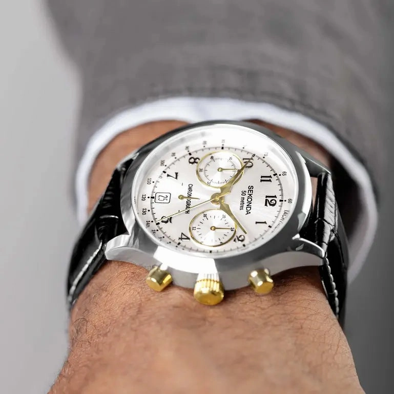 Sekonda Archer Chronograph Black Leather Strap Mens Watch 30235