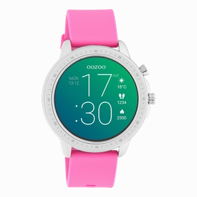 Silver coloured OOZOO smartwatch with raspberry pink rubber strap - Q00314