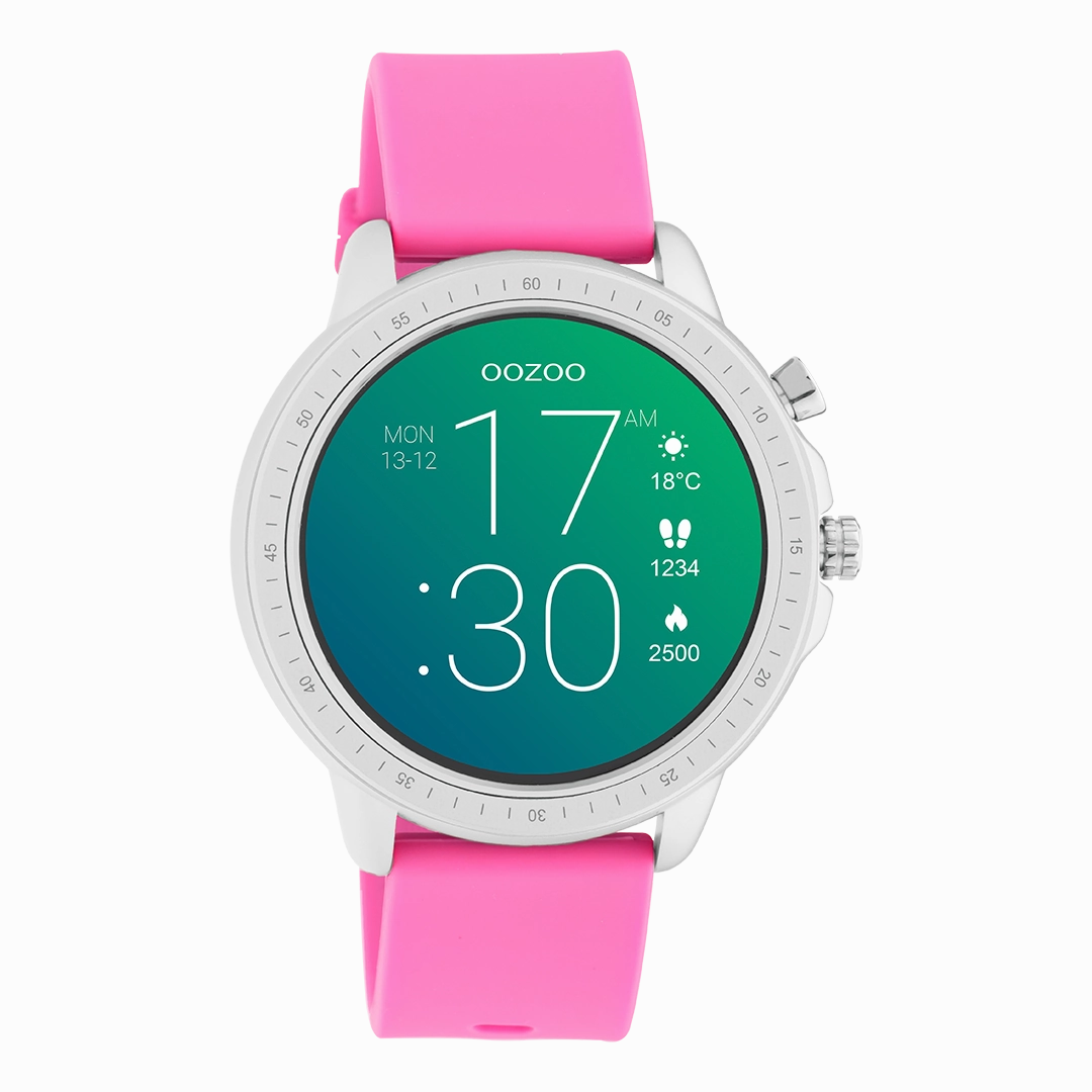 Silver coloured OOZOO smartwatch with raspberry pink rubber strap - Q00314