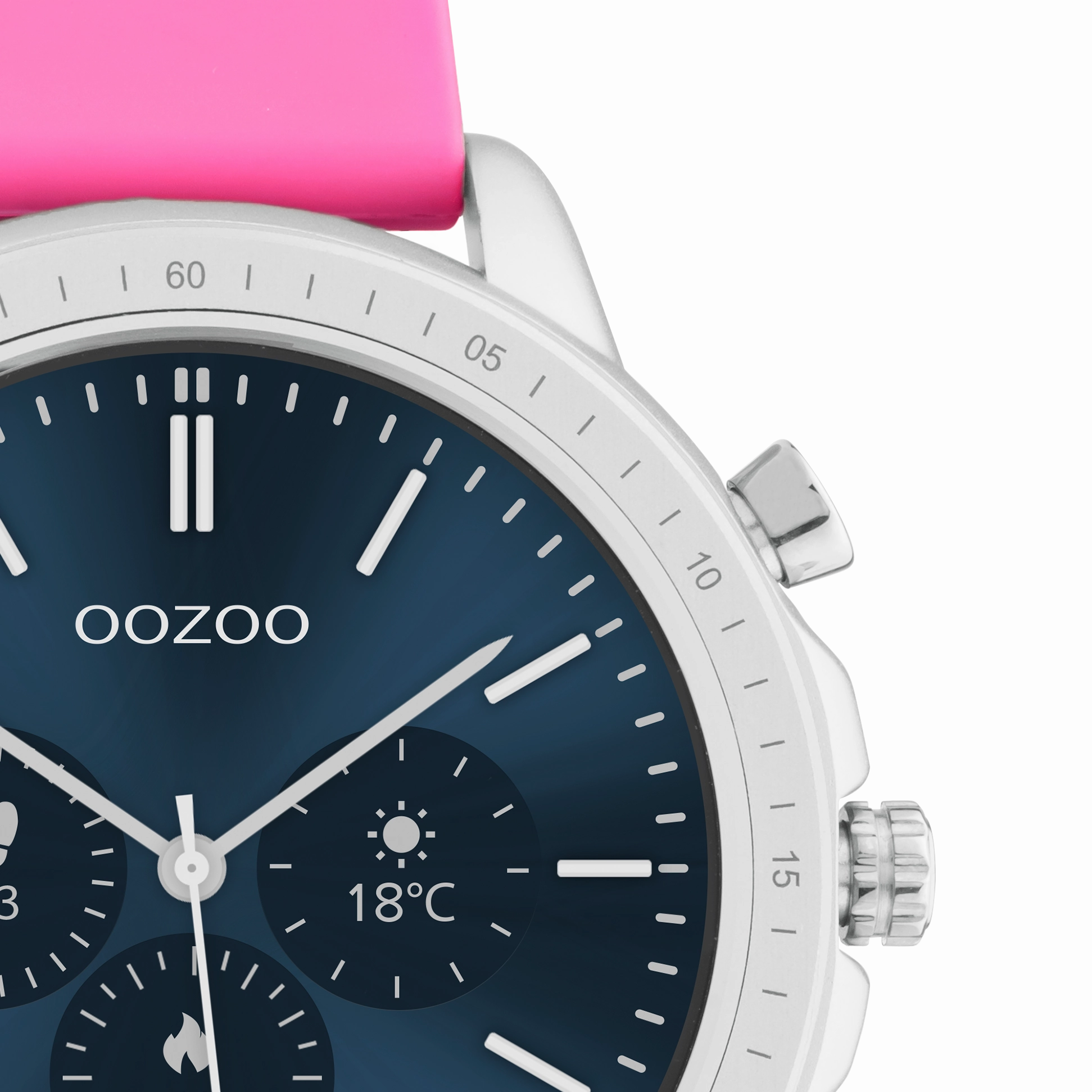 Silver coloured OOZOO smartwatch with raspberry pink rubber strap - Q00314