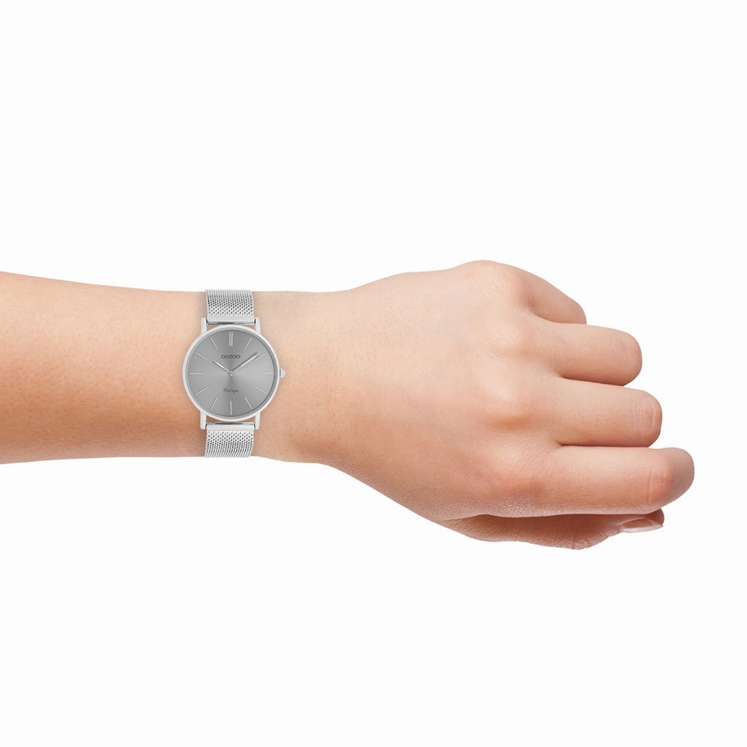 Silver coloured OOZOO watch with metal mesh bracelet - C9939