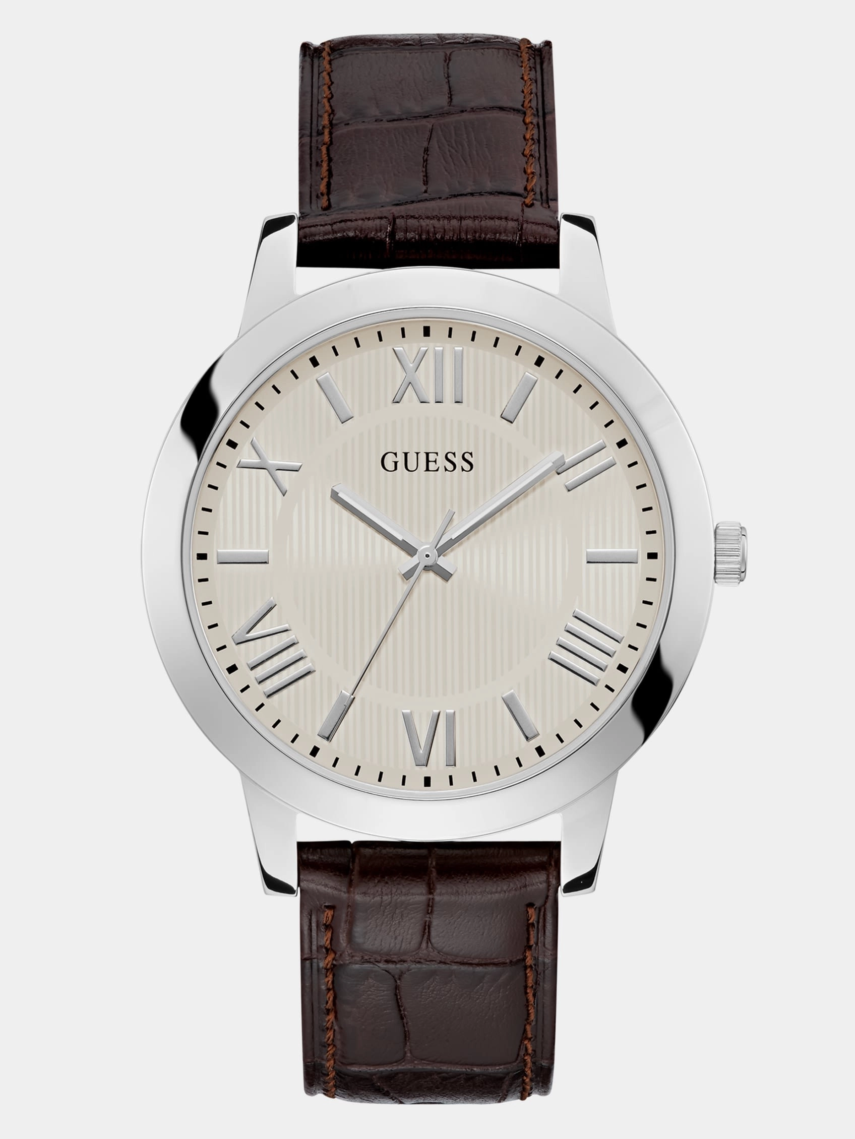 Silver-Tone and Brown Leather Analog Watch