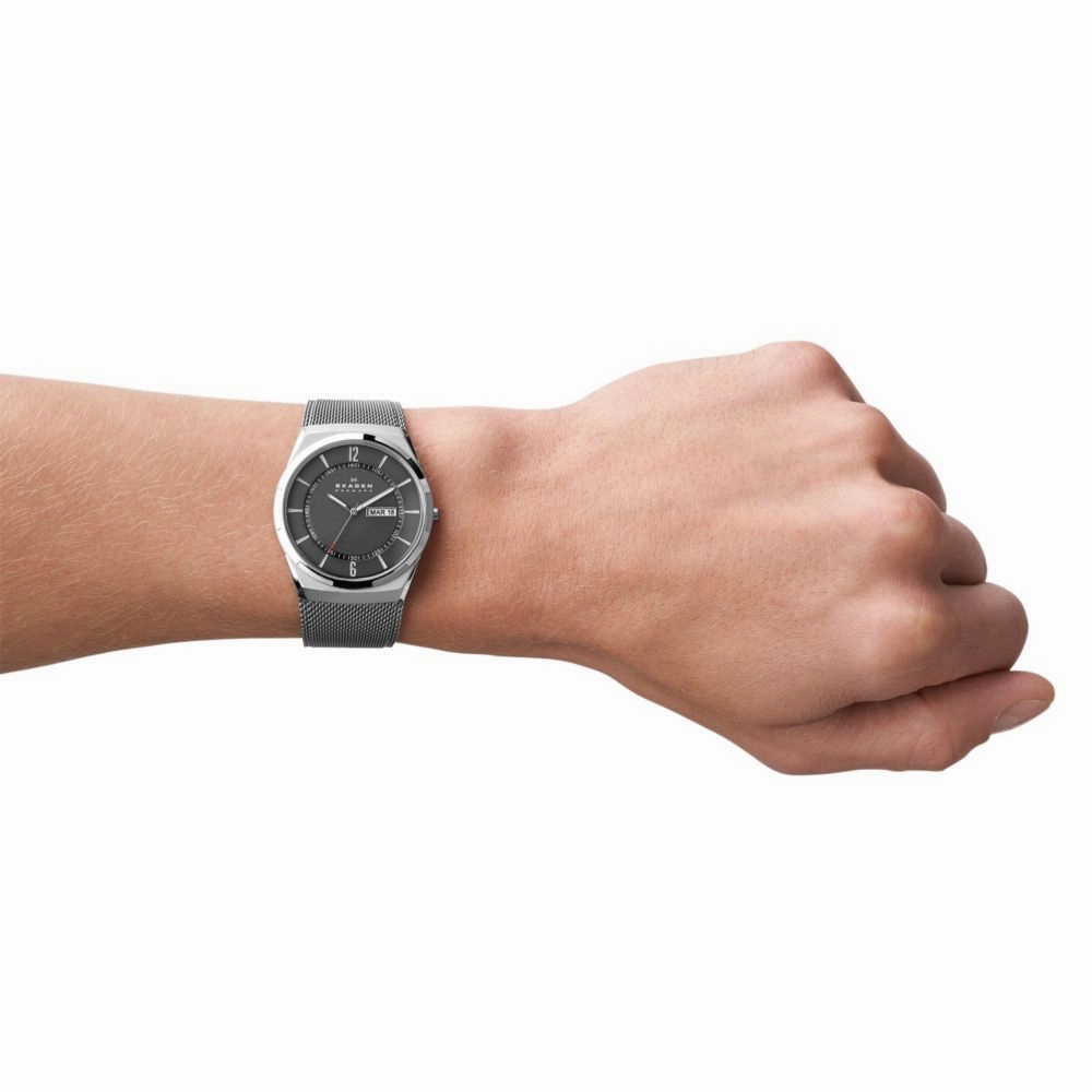 Skagen Melbye Three-Hand Day-Date Charcoal Stainless Steel Mesh Watch SKW6790