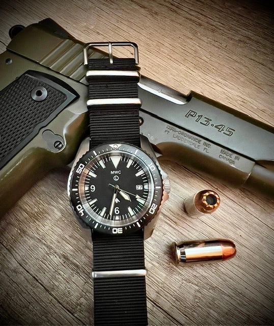 Stainless Steel Military Divers Watch with Automatic 24 Jewel Movement, 12 Hour Dial Format, Sapphire Crystal and Ceramic Bezel (Tactical Solid Strap Bars)