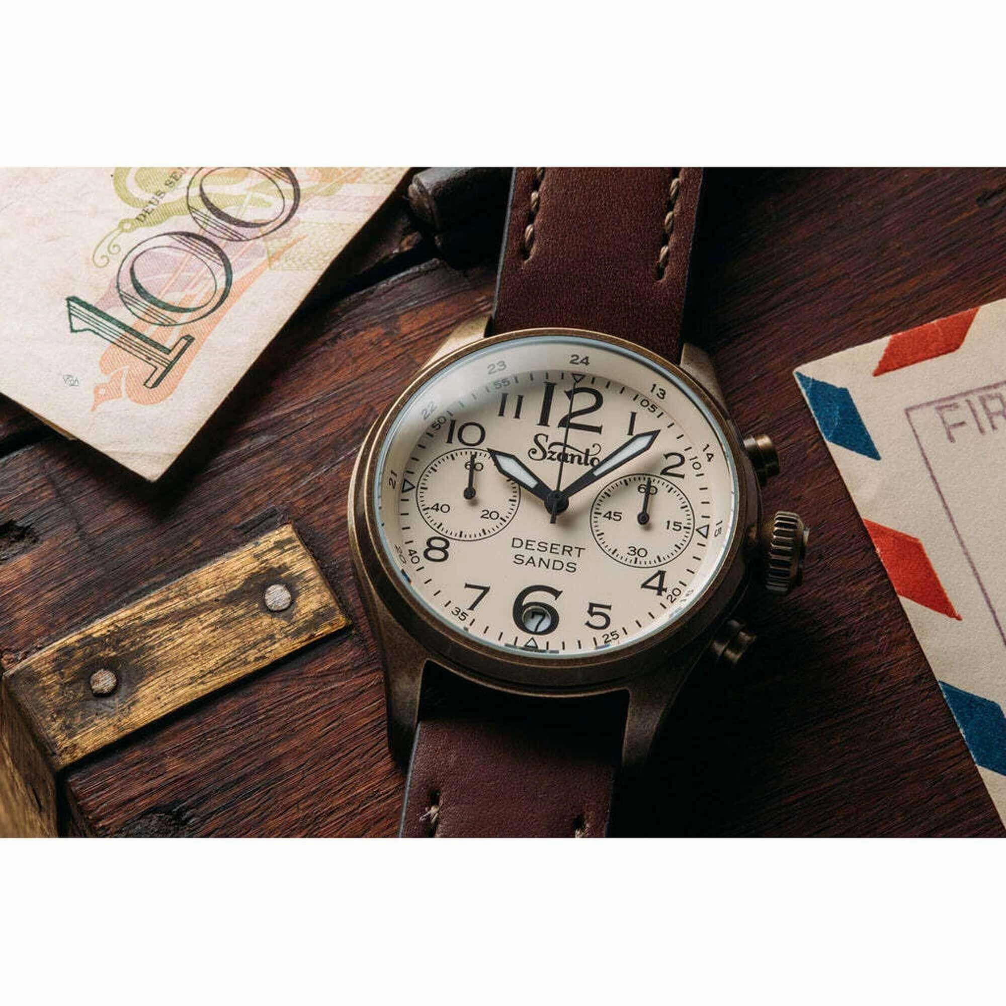 Szanto Men's Chronograph Watch - Desert Sands Ivory Dial Antique Gold Case | SZ 4553