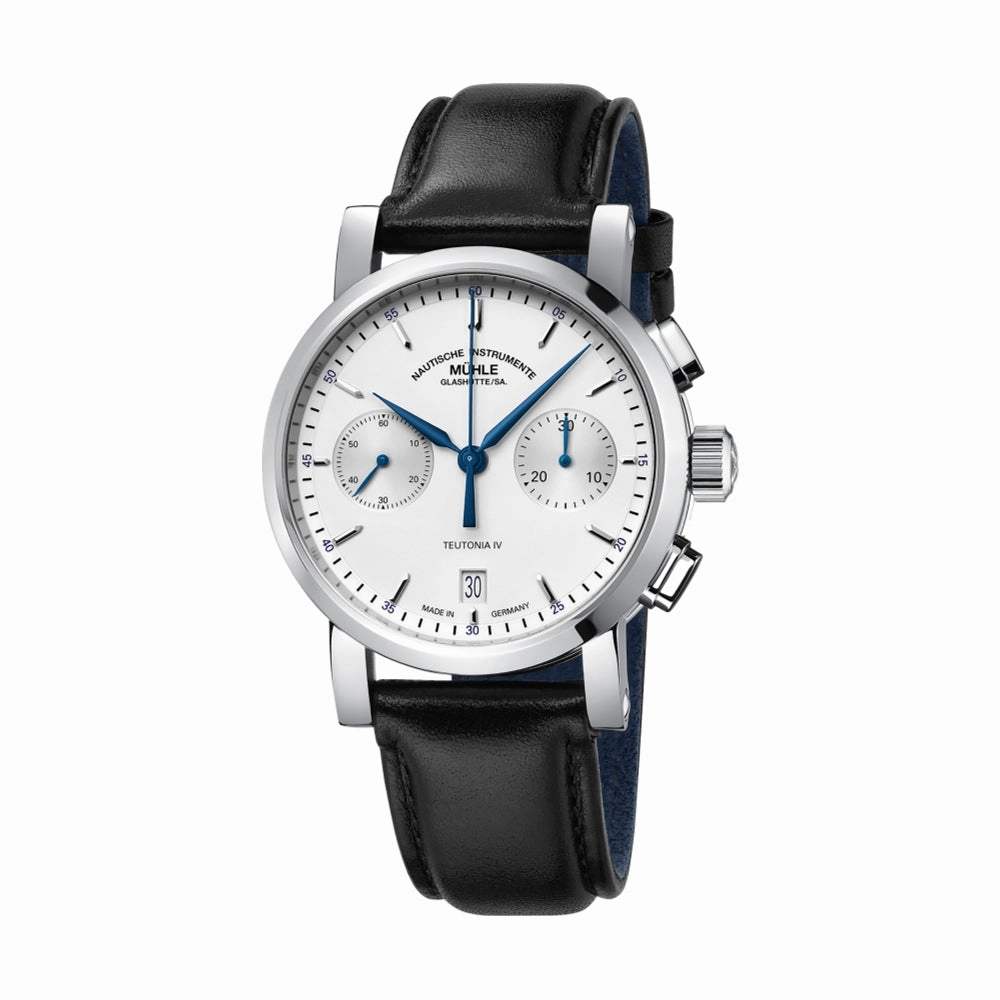 Teutonia IV Chronograph White Dial 39mm on Black Leather Strap