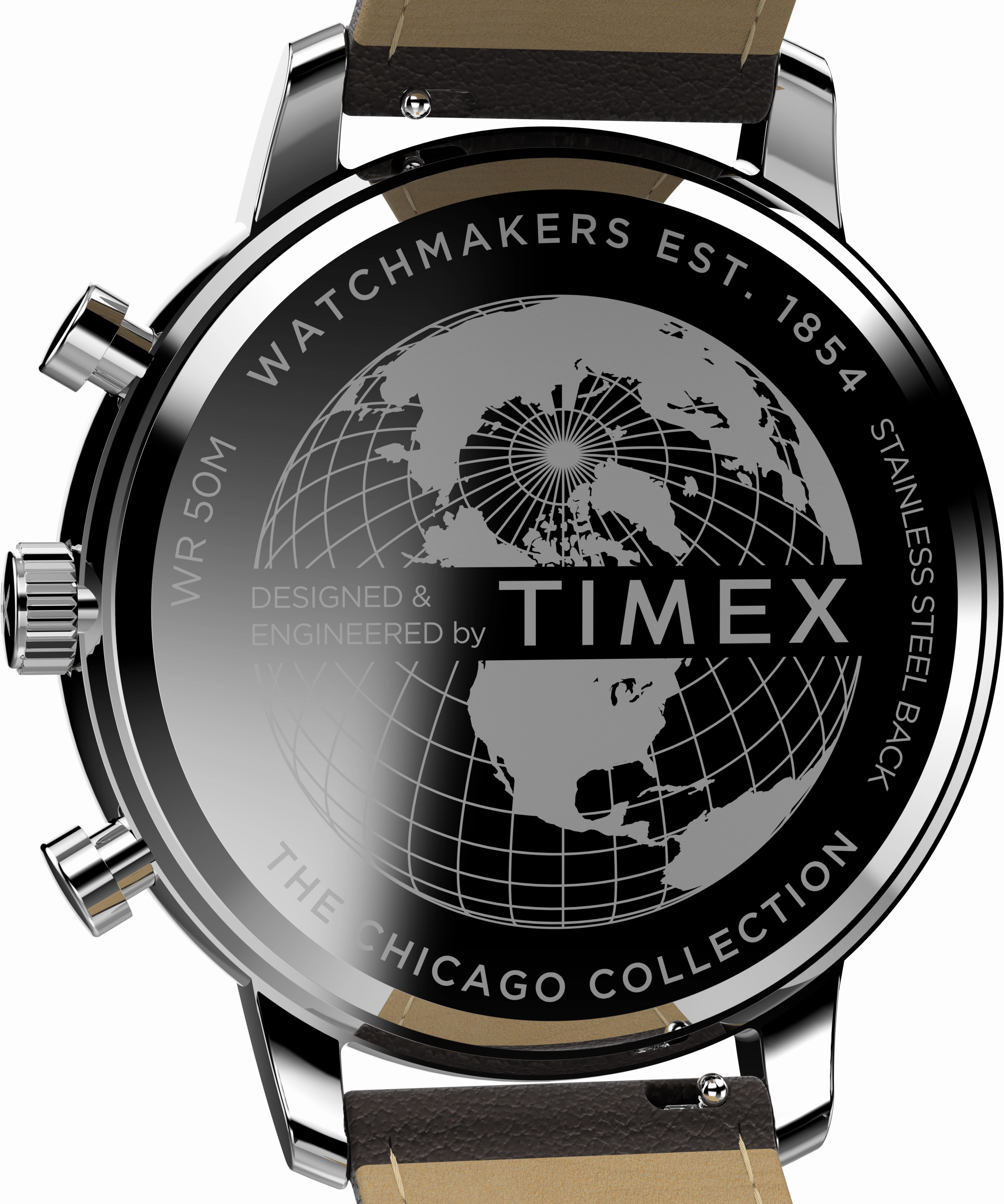Timex Chicago Chrono 45mm Silver Tone Blue Dial Brown Leather Strap TW2W76200
