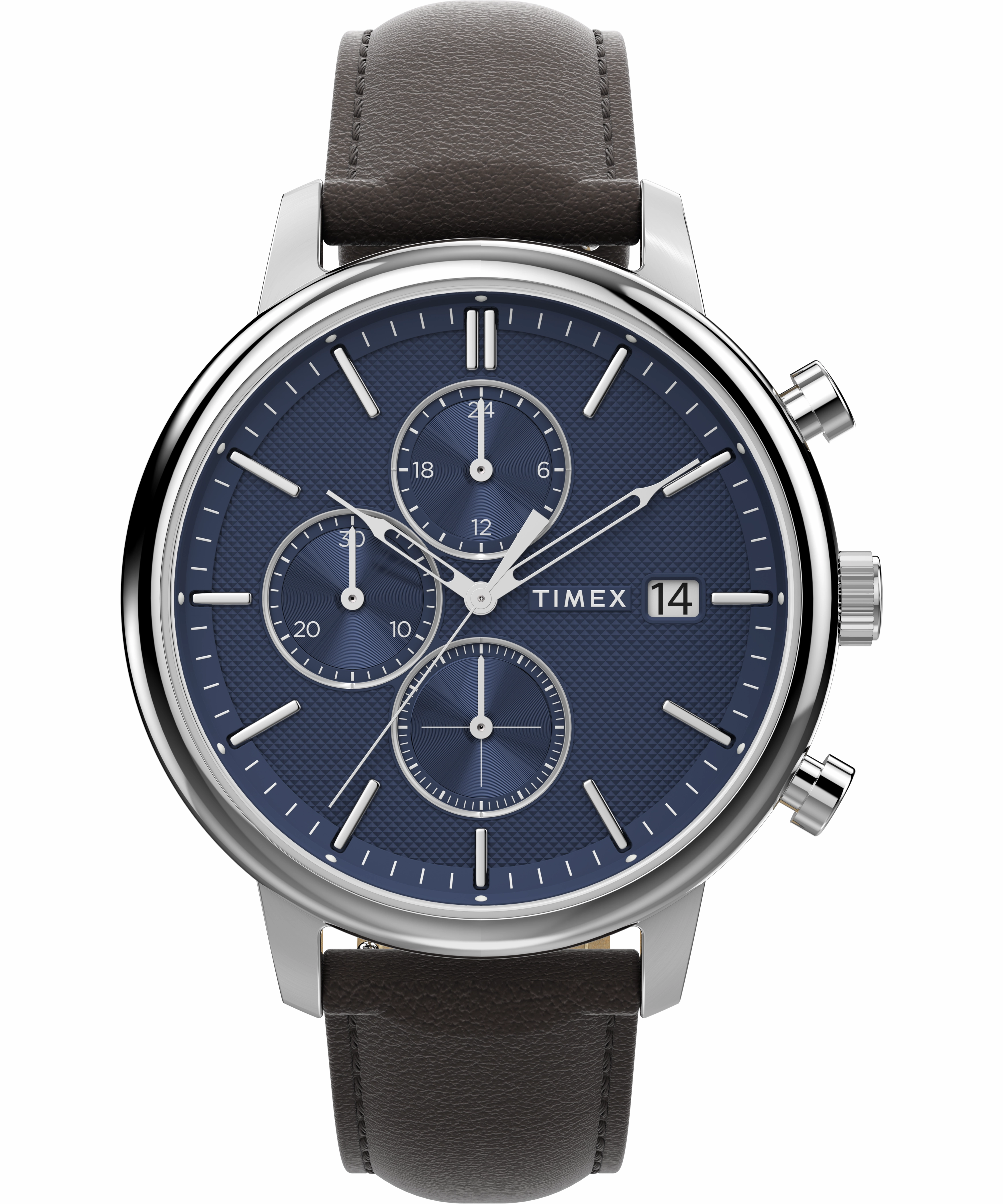 Timex Chicago Chrono 45mm Silver Tone Blue Dial Brown Leather Strap TW2W76200