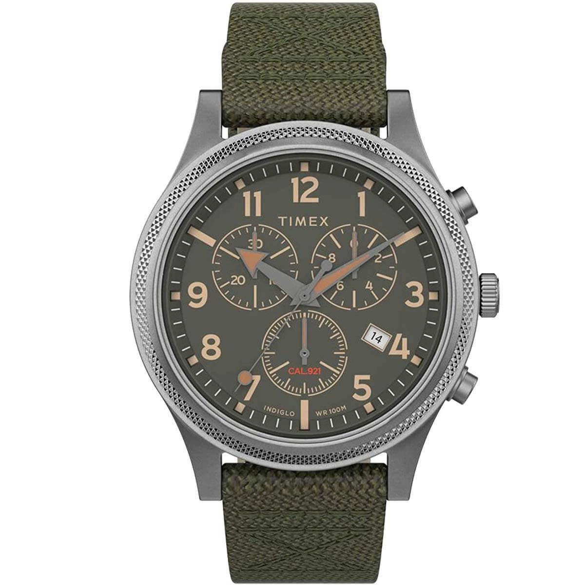 Timex Men's Chronograph Watch - Allied Green Dial Grey Fabric Strap | TW2T75800VQ