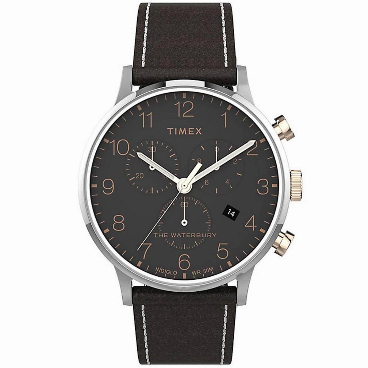 Timex Men's Chronograph Watch - Waterbury Black Dial Leather Strap | TW2T71500VQ
