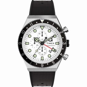 Timex Men's Watch - Q Chronograph Rotating Bezel White Dial Rubber Strap | TW2V70100