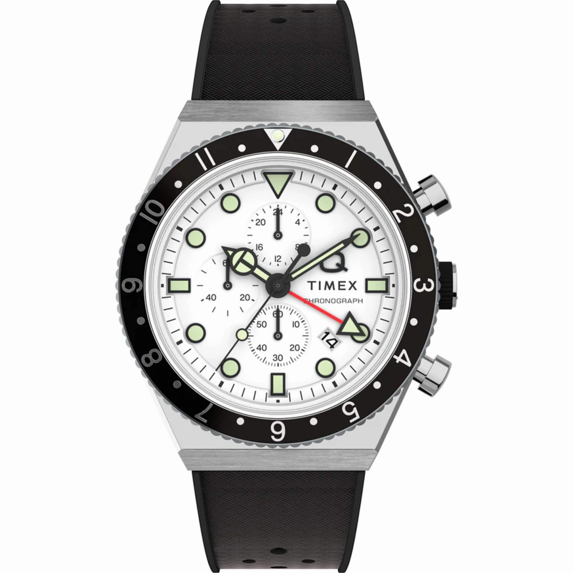 Timex Men's Watch - Q Chronograph Rotating Bezel White Dial Rubber Strap | TW2V70100